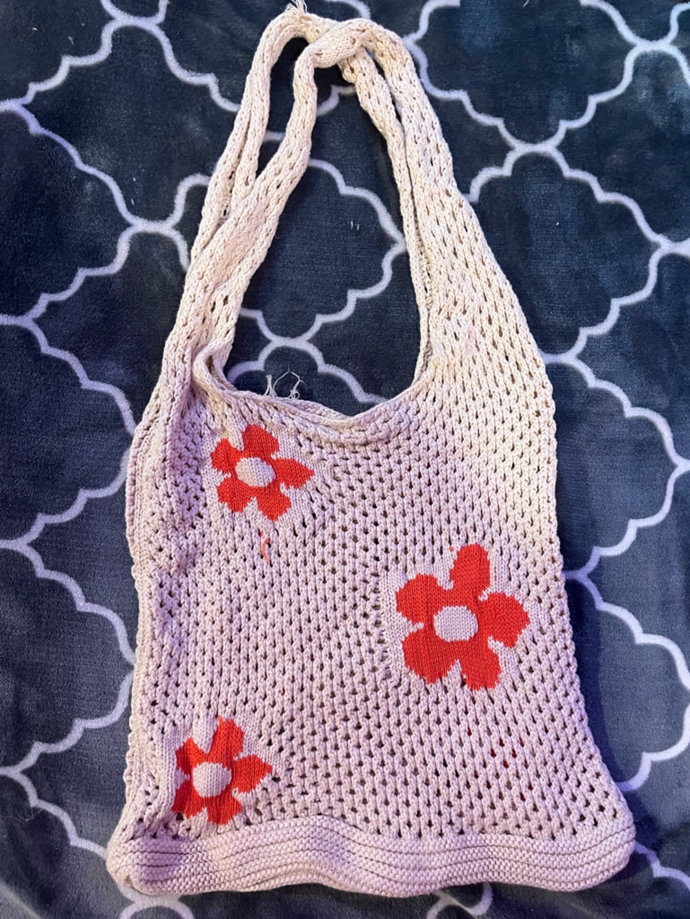 Crocheted beige & orange flower Tote bag